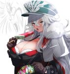  1girl absurdres azur_lane black_gloves blush breasts cape cleavage cleavage_cutout clothing_cutout eyebrows_visible_through_hair food fur_collar fur_trim gloves graf_zeppelin_(azur_lane) hair_between_eyes hat hey_taisyou highres holding large_breasts long_hair military_hat open_mouth popsicle red_eyes solo sweat tongue tongue_out upper_body white_hair 