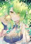  1girl amulet antlers apple braid branch breasts ceres_fauna cleavage flower food french_braid fruit golden_apple green_hair green_nails hair_flower hair_ornament hair_over_one_eye highres hololive hololive_english leaf medium_breasts mole mole_under_eye nail_polish ribbon solo upper_body virtual_youtuber wenz yellow_eyes 