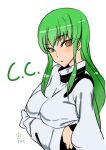  1girl ashiomi_masato breasts c.c. closed_mouth code_geass green_hair long_hair looking_at_viewer simple_background solo very_long_hair white_background yellow_eyes 