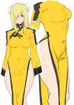  1girl ashiomi_masato blonde_hair blue_eyes breasts china_dress chinese_clothes closed_mouth double_bun dress fingerless_gloves gloves guilty_gear guilty_gear_xrd long_hair looking_at_viewer millia_rage side_slit simple_background solo white_background 