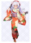  1girl animal_ears black_gloves brown_eyes brown_footwear cat_ears cat_hair_ornament clenched_hand floral_print full_body glasses gloves hair_ornament hand_up hat japanese_clothes kawanobe kimono obi original red-framed_eyewear red_headwear sash scarf standing tachi-e white_hair wide_sleeves 