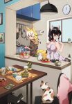 alternate_costume animal_ears black_hair blonde_hair blue_dress brown_hoodie calico casual cat commentary_request common_raccoon_(kemono_friends) contemporary cookie dress extra_ears eyebrows_visible_through_hair fennec_(kemono_friends) food fox_ears fox_girl fox_tail frying_pan green_pants grey_hair highres hood hood_down hoodie kemono_friends kitchen long_sleeves multicolored_hair nanana_(nanana_iz) pants raccoon_ears raccoon_girl raccoon_tail short_hair striped striped_dress sweatdrop tail white_hair 