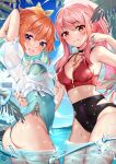 2girls alternate_hairstyle arm_around_waist arm_up artist_name ass bangs bare_shoulders bikini blue_sky blue_swimsuit bow breasts cleavage cloud covered_navel day earrings eyebrows_visible_through_hair hair_bow halterneck highres hololive hololive_english in_water jewelry long_hair looking_at_viewer medium_breasts mori_calliope multicolored_hair multiple_girls nail_polish necklace one-piece_swimsuit orange_hair palm_tree pink_eyes pink_hair ponytail puffy_short_sleeves puffy_sleeves purple_eyes red_nails short_sleeves sidelocks sky smile squchan swimsuit takanashi_kiara tree virtual_youtuber wading watermark 
