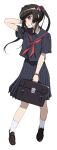  1girl bag black_hair blush eyebrows_visible_through_hair hair_ornament hair_ribbon long_hair open_mouth red_eyes ribbon school_uniform senki_zesshou_symphogear shiny shiny_hair short_sleeves simple_background solo standing tsukamoto_kensuke tsukuyomi_shirabe twintails white_background 