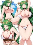  age_difference bikini blush breast_rest breasts breasts_on_head green_eyes green_hair highres kid_icarus large_breasts laurel_crown legs long_hair long_legs one_eye_closed palutena pit_(kid_icarus) shimure_(460) smile swimsuit thighs tiara v v-shaped_eyebrows very_long_hair 