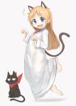  1girl 1other :d absurdres animal animal_ears aomoro barefoot blue_eyes cat cat_ears cat_tail coat eyebrows_visible_through_hair full_body highres labcoat long_hair long_sleeves looking_at_viewer necktie nichijou open_mouth orange_hair professor_shinonome red_neckwear sakamoto_(nichijou) smile tail toes white_coat 