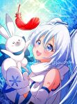  1girl :d arm_tattoo artist_name blue_background blue_bow blue_eyes bow bunny commentary detached_sleeves feathers hands_up hatsune_miku kawanobe looking_up mittens open_mouth rabbit_yukine red_feathers scarf smile snowflakes star_(symbol) tattoo twintails upper_body vocaloid white_hair white_mittens white_neckwear white_scarf yuki_miku yuki_miku_(2011) 