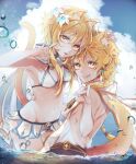  1boy 1girl aether_(genshin_impact) animal_ears bikini blonde_hair blue_sky breasts brother_and_sister bubble cat_ears cat_tail cleavage cloud cloudy_sky day earrings fang flower genshin_impact hair_flower hair_ornament highres jewelry looking_at_viewer lumine_(genshin_impact) navel partially_submerged ruohire9 scarf siblings sky small_breasts smile swimsuit tail torso_grab water white_bikini white_scarf yellow_eyes 