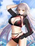  1girl ahoge bangs bikini black_bikini black_gloves black_jacket blue_sky blush breasts choker cleavage cropped_jacket fate/grand_order fate_(series) gao_kawa gloves highres jacket jeanne_d&#039;arc_(alter_swimsuit_berserker)_(fate) jeanne_d&#039;arc_(fate)_(all) large_breasts long_hair long_sleeves looking_at_viewer navel o-ring o-ring_bikini ocean shrug_(clothing) silver_hair sky smile solo swimsuit thigh_strap thighs very_long_hair wet yellow_eyes 