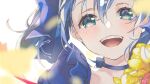  1girl ao+beni bangs blue_eyes blue_hair blush bow bowtie character_name eyebrows_visible_through_hair flower hair_bow hair_ornament happy highres long_hair looking_at_viewer neck_ribbon nijisanji open_mouth petals ribbon simple_background smile solo twintails upper_body virtual_youtuber white_background yellow_flower yuuki_chihiro 