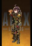  1girl absurdres animal_on_arm apex_legends artpatient axe black_footwear bloodhound_(apex_legends) bloodhound_(apex_legends)_(cosplay) boots brown_jacket cosplay cowlick fur_trim glowing glowing_eyes green_eyes hair_behind_ear highres holding holding_axe hololive huge_filesize jacket knee_pads logo long_hair looking_at_viewer matsurisu natsuiro_matsuri solo standing virtual_youtuber 