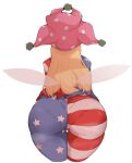  1girl absurdres american_flag_dress american_flag_legwear ass blonde_hair clownpiece cropped_legs doro_au fairy_wings from_behind hat highres jester_cap long_hair pantyhose pantylines polka_dot simple_background solo star_(symbol) star_print striped thigh_gap touhou white_background wings 