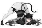  1girl absurdres animal_ears arknights arm_rest ass breasts cat_ears cat_tail flexible hella_p highres jack-o&#039;_challenge jacket large_breasts long_hair looking_at_viewer pose schwarz_(arknights) shiny shiny_clothes shiny_hair silver_hair simple_background solo spread_legs stretch tail top-down_bottom-up white_background white_jacket wide_spread_legs yellow_eyes 