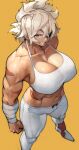  1girl abs absurdres biceps breasts cleavage debonair_diamond eyepatch from_above halter_top halterneck highres large_breasts midriff muscular muscular_female navel pants platinum_blonde_hair red_hood_(kawaguchi) scar short_hair solo white_footwear white_pants yellow_background yoshio_(55level) 