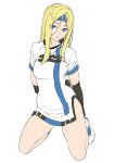  1girl ashiomi_masato blonde_hair blue_eyes breasts dress elbow_gloves fingerless_gloves gloves guilty_gear guilty_gear_xx headband long_hair looking_at_viewer millia_rage simple_background solo white_background 