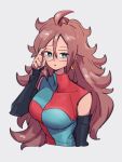  1girl android_21 blue_eyes breasts checkered checkered_dress dragon_ball dragon_ball_fighterz dress earrings glasses grey_background hair_between_eyes hoop_earrings jewelry kemachiku large_breasts looking_at_viewer red_hair simple_background solo upper_body 