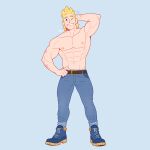  1boy abs absurdres alternate_costume arm_behind_head bara blonde_hair blue_pants boku_no_hero_academia casual denim feraltintinsimp full_body hand_on_hip highres jeans male_focus muscular muscular_male navel nipples one_eye_closed pants pants_rolled_up pectorals scar_on_arm shirtless shoes short_hair solo thighs togata_mirio 