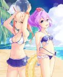  2girls :d arms_behind_back arms_up ayanami_(azur_lane) azur_lane ball bangs bare_shoulders beach beachball bikini bikini_skirt blue_bikini blue_eyes blue_sky bracelet breasts cleavage cloud cloudy_sky coconut_tree collarbone commentary_request eyebrows_visible_through_hair flower hair_between_eyes hair_flower hair_ornament hairclip headgear highres holding holding_ball holding_innertube horizon innertube island javelin_(azur_lane) javelin_(beach_picnic!)_(azur_lane) jewelry long_hair looking_at_viewer midriff multiple_girls navel ocean official_alternate_costume open_mouth orange_eyes palm_tree pleated_skirt ponytail purple_hair retrofit_(azur_lane) sidelocks silver_hair skirt sky smile swimsuit tree umiya_mizuki v_arms 