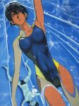  1boy 1girl backstroke bangs black_hair blue_swimsuit breasts competition_swimsuit covered_navel covered_nipples dark-skinned_female dark_skin golden_boy hair_between_eyes hayami_ayuko highres kawamoto_toshihiro large_breasts light_smile looking_at_viewer male_swimwear official_art one-piece_swimsuit ooe_kintarou open_mouth partially_submerged pool scan short_hair smile submerged swim_briefs swimming swimsuit translation_request two-tone_swimsuit wet yellow_swimsuit 