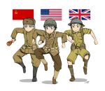  3boys america american_flag band_of_the_bold blonde_hair blue_eyes boots brown_hair explosive flag grenade helmet highres meme military military_uniform mrxinom multiple_boys original papakha shorts silver_hair soldier soviet soviet_flag uniform union_jack united_kingdom weapon white_background world_war_ii yellow_eyes 