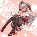  1girl amatsukaze_(kancolle) box christmas collarbone dress fur-trimmed_dress fur_trim garter_straps gift gift_box hair_tubes highres kantai_collection long_hair merry_christmas off_shoulder red_dress rokuwata_tomoe short_dress silver_hair thighhighs thighs two_side_up windsock yellow_eyes 