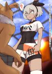  1girl ? bangs bea_(pokemon) black_bodysuit black_hairband bodysuit bodysuit_under_clothes bow_hairband breasts clenched_hands closed_mouth coin collared_shirt commentary_request covered_nipples eyebrows_visible_through_hair from_below gen_1_pokemon grey_eyes grey_hair hair_between_eyes hairband holding_string hypno hypnosis knee_pads mind_control motion_lines pendulum pokemon pokemon_(creature) pokemon_(game) pokemon_swsh print_shirt print_shorts shirt short_hair short_sleeves shorts side_slit side_slit_shorts spoken_question_mark suma_ishii sweat tied_shirt translation_request 