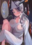  1girl black_hair blush breasts commentary costume eyebrows_visible_through_hair ghost haunted_house_(attraction) highres indoors ishizaka_ryuudai japanese_clothes kimono knife_in_head large_breasts long_hair looking_at_viewer newspaper original see-through solo steaming_body sweat translated triangular_headpiece white_kimono 