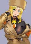  1girl ashiomi_masato breasts fingerless_gloves fur_hat gloves guilty_gear guilty_gear_strive hat long_hair looking_at_viewer millia_rage simple_background solo ushanka white_background 