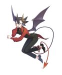  1boy alternate_costume bangs black_footwear blue_eyes buttons demon_boy from_side full_body grimsley_(pokemon) hair_between_eyes highres horns jabot long_sleeves looking_at_viewer male_focus mongguri pants pokemon pokemon_(game) pokemon_bw shiny shiny_hair shirt shoes simple_background solo spiked_hair symbol-only_commentary tail vest wings 