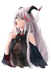  1girl aegir_(azur_lane) azur_lane bare_shoulders bodystocking breast_curtains breasts cross-laced_clothes eyebrows_visible_through_hair hair_between_eyes hair_on_horn highres impossible_clothes large_breasts long_hair looking_at_viewer multicolored_hair open_mouth red_hair silver_hair simple_background skin_tight solo streaked_hair suggestive_fluid tongue tongue_out turboflower two-tone_hair underbust upper_body white_background yellow_eyes 