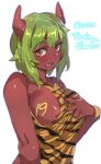  1girl :d bare_shoulders blush bow_(bhp) breasts colored_skin dress english_text fang fingernails green_hair green_nails horns large_breasts looking_at_viewer medium_hair milestone_celebration nail_polish nipple_slip nipples one_breast_out oni open_mouth orange_eyes original red_oni red_skin sanpaku simple_background smile solo striped striped_dress thank_you upper_body white_background 
