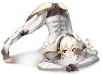  1340smile 1girl absurdres armor artist_name black_gloves black_hairband commentary corrin_(fire_emblem) corrin_(fire_emblem)_(female) fire_emblem gloves grin hair_between_eyes hairband highres jack-o&#039;_challenge long_hair looking_at_viewer manakete meme platinum_blonde_hair pointy_ears red_eyes simple_background smile solo toeless_legwear top-down_bottom-up twitter_username white_background 