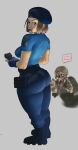  1girl 1other absurdres ass belt belt_pouch beret black_footwear blue_eyes blue_headwear blue_pants blue_shirt bob_cut boots breasts brown_hair crest denim english_commentary fingerless_gloves from_behind full_body gloves grey_background gun hat heart highres holding holding_gun holding_weapon jeans jill_valentine lips looking_back nose pants perky_breasts police police_uniform policewoman pouch resident_evil resident_evil_1 shirt short_hair solo_focus spoken_heart standing t-shirt tight tight_pants trigger_discipline turning_head uniform weapon wflagman zombie 