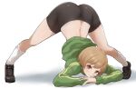  1girl arm_rest ass bike_shorts black_shorts blush brown_hair commentary flexible green_jacket jack-o&#039;_challenge jacket kurosususu looking_at_viewer meme persona persona_4 pose satonaka_chie shiny shiny_hair short_hair shorts simple_background smile solo spread_legs stretch tomboy top-down_bottom-up track_jacket white_background wide_spread_legs 