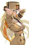  1girl ashiomi_masato blonde_hair blue_eyes breasts closed_mouth fingerless_gloves fur_hat gloves guilty_gear guilty_gear_strive hat long_hair looking_at_viewer millia_rage simple_background solo very_long_hair white_background 