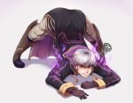  1boy angry artist_name aura bangs black_coat black_gloves boots brown_footwear clenched_teeth coat commentary english_commentary evomanaphy fire_emblem fire_emblem_heroes frown full_body gloves gradient gradient_background grima_(fire_emblem) highres hood hood_down jack-o&#039;_challenge long_sleeves looking_at_viewer magic male_focus meme pants red_eyes robin_(fire_emblem) robin_(fire_emblem)_(male) silver_hair simple_background slit_pupils solo squiggle teeth top-down_bottom-up v-shaped_eyebrows white_hair 