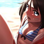  1girl absurdres bandaid bandaid_on_face bikini black_hair blue_eyes blue_stripes blush brave_witches breasts cleavage collarbone eyebrows_visible_through_hair hasegawa_(hase_popopo) highres kanno_naoe looking_at_viewer navel open_mouth shiny shiny_hair short_hair small_breasts solo striped striped_bikini sweat swimsuit world_witches_series 
