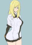  1girl ashiomi_masato blonde_hair blue_eyes breasts closed_mouth gloves guilty_gear guilty_gear_xrd long_hair looking_at_viewer millia_rage simple_background smile solo 
