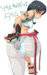  1girl ashiomi_masato ass bare_shoulders black_hair breasts brown_eyes fingerless_gloves gloves looking_at_viewer midriff short_hair simple_background solo soulcalibur soulcalibur_ii talim twintails veil white_background 