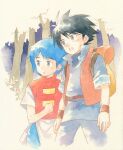  1boy 1girl agahari backpack bag black_hair blue_eyes blue_hair cal_(ripple_island) commentary_request forest highres kyle_(ripple_island) looking_away looking_to_the_side nature ripple_island short_hair short_sleeves traditional_media tree 