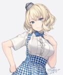  1girl apron bangs blonde_hair blue_apron blue_bow blue_eyes blue_neckwear bow bowtie breasts button_gap closed_mouth colorado_(kancolle) dated employee_uniform eyebrows_visible_through_hair garrison_cap gingham gingham_apron gingham_skirt grey_background grey_headwear hand_on_hip hand_on_own_chest hand_up hat high-waist_skirt kantai_collection kobeya_uniform leaning_to_the_side looking_at_viewer medium_breasts pleated_shirt rokuwata_tomoe short_hair short_sleeves side_braids signature simple_background skirt smile suspender_skirt suspenders tongs twitter_username uniform upper_body waitress wavy_hair 