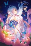  1girl :d blue_butterfly blush breasts bug butterfly dress emori_miku flower hair_flower hair_ornament insect kawanobe leaning_back long_hair looking_at_viewer medium_breasts open_mouth outdoors purple_eyes red_ribbon ribbon see-through silver_hair smile standing vocaloid white_dress 