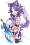  1girl animal_ears arm_grab armband ass breasts cleavage highres makoto_(princess_connect!) nurumi o-ring o-ring_bikini o-ring_top open_mouth panties princess_connect! purple_hair purple_panties solo swimsuit sword tail thigh_strap underwear weapon wolf_ears wolf_girl wolf_tail yellow_eyes 