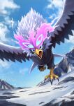 bird blue_eyes cloud commentary_request day flying highres hisuian_braviary hisuian_form no_humans open_mouth outdoors pokemon pokemon_(creature) sky snow solo talons tesshii_(riza4828) tongue white_fur 