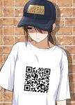  1girl baseball_cap black_headwear blush brown_hair circle_name closed_mouth commentary_request diisuke drop_shadow embarrassed hat hat_over_one_eye long_hair one_eye_covered original ponytail qr_code shirt short_sleeves solo upper_body wall white_shirt 