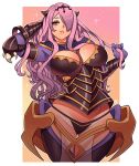 absurdres armor ass_visible_through_thighs black_armor black_panties border breasts camilla_(fire_emblem) cleavage english_commentary fire_emblem fire_emblem_fates gradient gradient_background groin hair_over_one_eye hand_in_hair highres large_breasts lips long_hair panties purple_eyes purple_hair ravenousruss thighs tiara underwear very_long_hair wavy_hair white_border 
