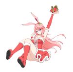  1girl animal_ears arm_up armpits bangs boots breasts christmas cleavage closed_mouth dress fox_ears full_body hair_between_eyes hair_ornament highres honkai_(series) honkai_impact_3rd long_hair outstretched_arm phantom_racher pink_hair purple_eyes red_dress red_footwear red_sleeves shoe_soles simple_background sleeveless sleeveless_dress smile solo white_background yae_sakura 