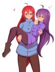  2girls absurdres ahoge aucean-el badeline blue_jacket brown_footwear brown_legwear carrying celeste_(video_game) heart highres jacket long_hair long_sleeves looking_at_viewer madeline_(celeste) multiple_girls princess_carry purple_hair purple_jacket red_eyes red_hair selfcest smile sweat very_long_hair white_background yuri 