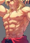  1boy abs absurdres alternate_hair_length alternate_hairstyle bara blonde_hair clothes_down dougi forked_eyebrows highres ken_masters large_pectorals looking_at_viewer male_focus mature_male medium_hair muscular muscular_male navel nipples open_clothes open_shirt pectorals smile solo stomach street_fighter thick_eyebrows yuiofire 