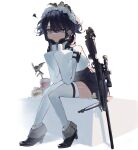  1girl animal bird black_eyes black_footwear black_gloves black_hair black_skirt burger cup disposable_cup food full_body gloves gun hands_on_own_face maid maid_headdress nicoillu original pout rifle shirt short_hair signature simple_background skirt sniper_rifle strap thighhighs weapon white_background white_legwear white_shirt 